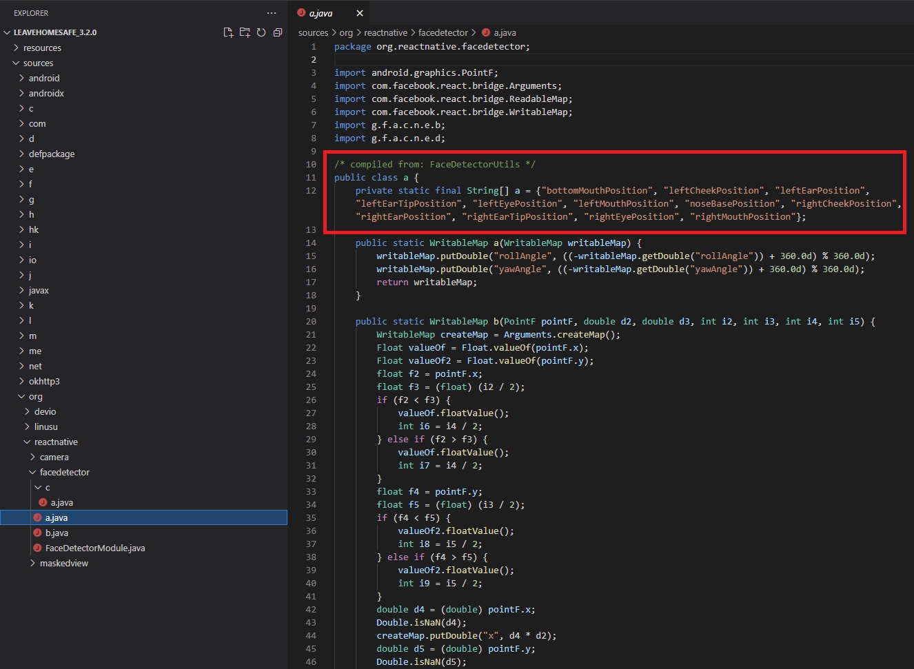Code detecting the positions of facial features