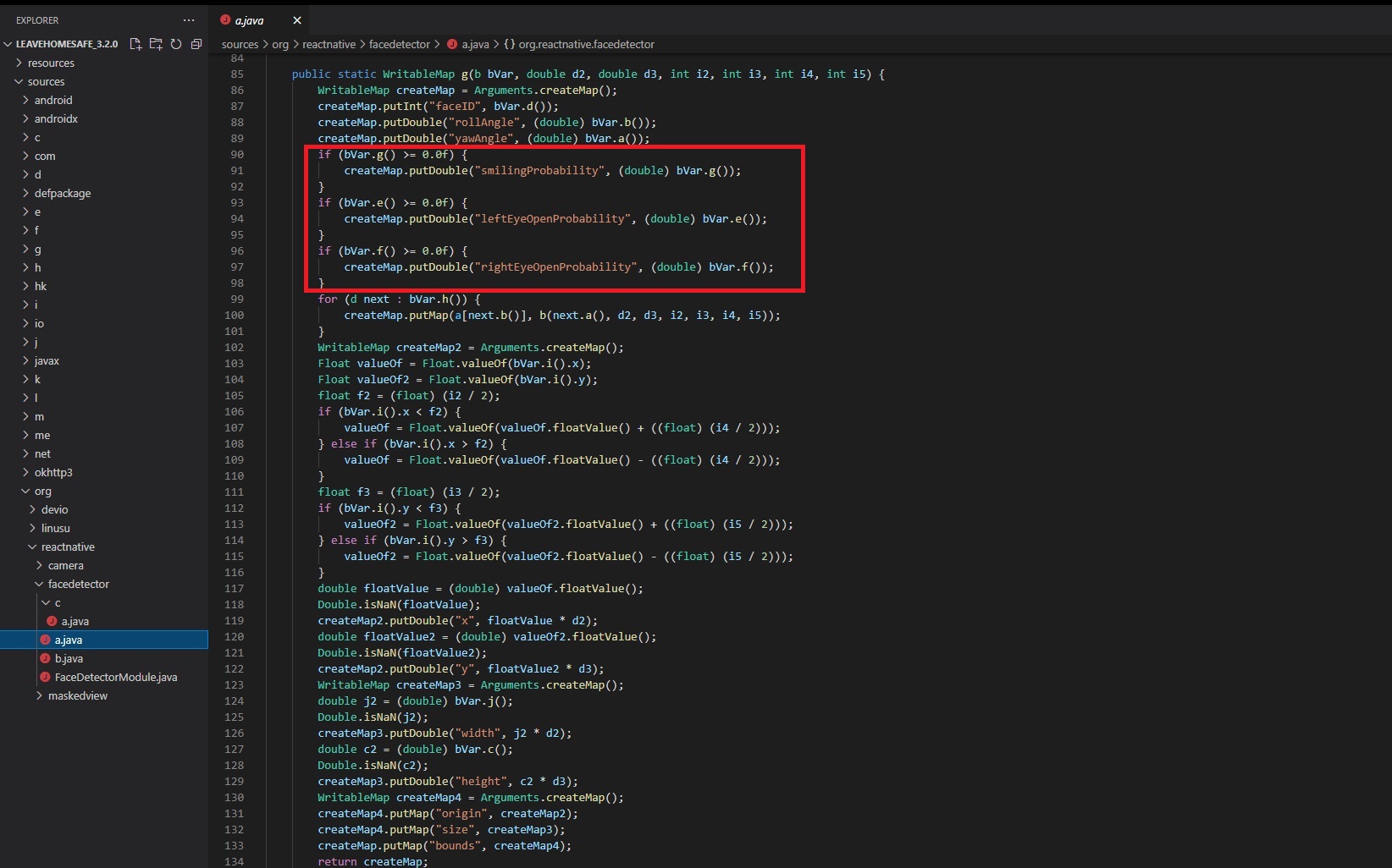 Code calculating that a subject is smiling or has each eye open.